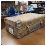 Awesome Antique Leather Travel Trunk  Heavy latches and hardware  the real thing, not a copy!  Swedish Stickers from early travelers by train!  From Merchant Marine 1940