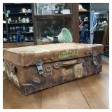 Awesome Antique Leather Travel Trunk  Heavy latches and hardware  the real thing, not a copy!  Swedish Stickers from early travelers by train!  From Merchant Marine 1940