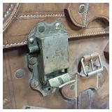 Awesome Antique Leather Travel Trunk  Heavy latches and hardware  the real thing, not a copy!  Swedish Stickers from early travelers by train!  From Merchant Marine 1940