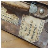 Awesome Antique Leather Travel Trunk  Heavy latches and hardware  the real thing, not a copy!  Swedish Stickers from early travelers by train!  From Merchant Marine 1940