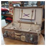 Awesome Antique Leather Travel Trunk  Heavy latches and hardware  the real thing, not a copy!  Swedish Stickers from early travelers by train!  From Merchant Marine 1940