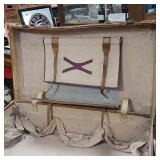 Awesome Antique Leather Travel Trunk  Heavy latches and hardware  the real thing, not a copy!  Swedish Stickers from early travelers by train!  From Merchant Marine 1940