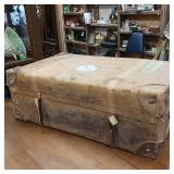 Awesome Antique Leather Travel Trunk  Heavy latches and hardware  the real thing, not a copy!  Swedish Stickers from early travelers by train!  From Merchant Marine 1940