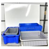 Lot of Mixed Size Stackable Storage Containers and White Board