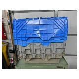 MSRP $400 Lot 5 of Monoflo Buckhorn Style Heavy-Duty Stackable Plastic Storage Totes / Distribution Bins / Nestable Totes– Industrial Grade, Reusable, Attached Lids – Great Clean Condition! Approx