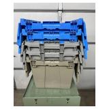 MSRP $400 Lot 5 of Monoflo Buckhorn Style Heavy-Duty Stackable Plastic Storage Totes / Distribution Bins / Nestable Totes– Industrial Grade, Reusable, Attached Lids – Great Clean Condition! Approx