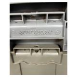 MSRP $400 Lot 5 of Monoflo Buckhorn Style Heavy-Duty Stackable Plastic Storage Totes / Distribution Bins / Nestable Totes– Industrial Grade, Reusable, Attached Lids – Great Clean Condition! Approx