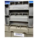 MSRP $400 Lot 5 of Monoflo Buckhorn Style Heavy-Duty Stackable Plastic Storage Totes / Distribution Bins / Nestable Totes– Industrial Grade, Reusable, Attached Lids – Great Clean Condition! Approx