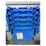 MSRP $400 Lot 5 of Monoflo Buckhorn Style Heavy-Duty Stackable Plastic Storage Totes / Distribution Bins / Nestable Totes– Industrial Grade, Reusable, Attached Lids – Great Clean Condition! Approx