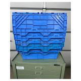 MSRP $400 Lot 5 of Monoflo Buckhorn Style Heavy-Duty Stackable Plastic Storage Totes / Distribution Bins / Nestable Totes– Industrial Grade, Reusable, Attached Lids – Great Clean Condition! Approx