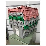 MSRP $400 Lot 5 of Monoflo Buckhorn Style Heavy-Duty Stackable Plastic Storage Totes / Distribution Bins / Nestable Totes– Industrial Grade, Reusable, Attached Lids – Great Clean Condition! Approx
