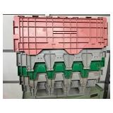 MSRP $400 Lot 5 of Monoflo Buckhorn Style Heavy-Duty Stackable Plastic Storage Totes / Distribution Bins / Nestable Totes– Industrial Grade, Reusable, Attached Lids – Great Clean Condition! Approx