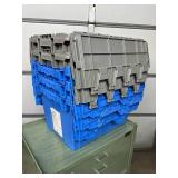 MSRP $400 Lot 5 of Monoflo Buckhorn Style Heavy-Duty Stackable Plastic Storage Totes / Distribution Bins / Nestable Totes– Industrial Grade, Reusable, Attached Lids – Great Clean Condition! Approx