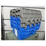 MSRP $400 Lot 5 of Monoflo Buckhorn Style Heavy-Duty Stackable Plastic Storage Totes / Distribution Bins / Nestable Totes– Industrial Grade, Reusable, Attached Lids – Great Clean Condition! Approx