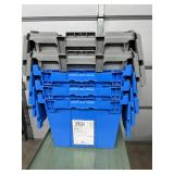 MSRP $400 Lot 5 of Monoflo Buckhorn Style Heavy-Duty Stackable Plastic Storage Totes / Distribution Bins / Nestable Totes– Industrial Grade, Reusable, Attached Lids – Great Clean Condition! Approx