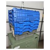 MSRP $400 Lot 5 of Monoflo Buckhorn Style Heavy-Duty Stackable Plastic Storage Totes / Distribution Bins / Nestable Totes– Industrial Grade, Reusable, Attached Lids – Great Clean Condition! Approx