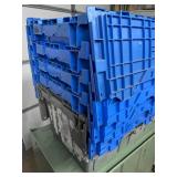 MSRP $400 Lot 5 of Monoflo Buckhorn Style Heavy-Duty Stackable Plastic Storage Totes / Distribution Bins / Nestable Totes– Industrial Grade, Reusable, Attached Lids – Great Clean Condition! Approx