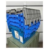 MSRP $400 Lot 5 of Monoflo Buckhorn Style Heavy-Duty Stackable Plastic Storage Totes / Distribution Bins / Nestable Totes– Industrial Grade, Reusable, Attached Lids – Great Clean Condition! Approx