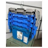 MSRP $400 Lot 5 of Monoflo Buckhorn Style Heavy-Duty Stackable Plastic Storage Totes / Distribution Bins / Nestable Totes– Industrial Grade, Reusable, Attached Lids – Great Clean Condition! Approx