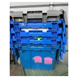 MSRP $400 Lot 5 of Monoflo Buckhorn Style Heavy-Duty Stackable Plastic Storage Totes / Distribution Bins / Nestable Totes– Industrial Grade, Reusable, Attached Lids – Great Clean Condition! Approx