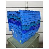 MSRP $400 Lot 5 of Monoflo Buckhorn Style Heavy-Duty Stackable Plastic Storage Totes / Distribution Bins / Nestable Totes– Industrial Grade, Reusable, Attached Lids – Great Clean Condition! Approx