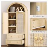 Curlaky Arched Kitchen Pantry Cabinet with Rattan Doors