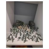 Vintage green army men. Military jeep, Deuce-and-a-half cargo truck