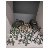 Vintage green army men. Military jeep, Deuce-and-a-half cargo truck