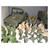 Vintage green army men. Military jeep, Deuce-and-a-half cargo truck