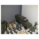 Vintage green army men. Military jeep, Deuce-and-a-half cargo truck