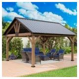 MeetLeisure 15 ft. x 13 ft. Premium Cedar Wood Outdoor Garden Patio Shade Gazebo with Wood Posts and Galvanized Steel Roof Customer Returns See Pictures