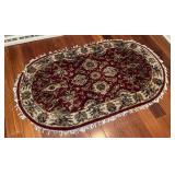 SR - Oval Area Rug with Fringe, Red and Cream Pattern