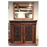 LL - Elegant Carved Wood Buffet with Marble Top and Matching Mirror
