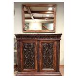 LL - Elegant Carved Wood Buffet with Marble Top and Matching Mirror