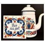 LL - Vintage Berggren Designed Enamel Teapot and Decorative Tile Set