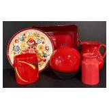 LL - Collection of Red Ceramic Serveware and Decor - Casserole, Pitcher, Vases, Mug, Floral Plate