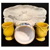 LL - Ceramic Kitchenware Set with Leaf Platter, Lidded Tureen, and Yellow Mugs