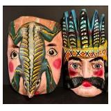 LL - Pair of Vintage Hand-Painted Wooden Folk Art Masks