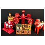 LL - Vintage Swedish Wooden Decor Collection with Dala Horses and Candleholder