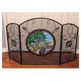 ML - Stained Glass Accented Fireplace Screen with Tree and Landscape Design