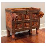 ML - Painted Wooden Decorative Cabinet with Brass Accents and Animal Carvings