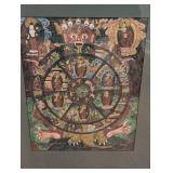 ML - Framed Embroidered Ethnic Textile and Wheel of Life Print Art Set