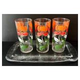 DR - Set of 3 Floral Glasses with 13.5 x 7 in. Rectangular Glass Platter