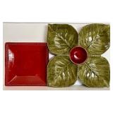 DR - Haeger Green Divided Pottery Platter with Red Center Bowl and Pier One Red Salad Plate