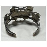 Signed R. Neha Sterling Silver Cuff Bracelet with Turquoise and Coral Inlay Butterfly Design