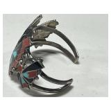 Signed R. Neha Sterling Silver Cuff Bracelet with Turquoise and Coral Inlay Butterfly Design