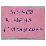 Signed R. Neha Sterling Silver Cuff Bracelet with Turquoise and Coral Inlay Butterfly Design