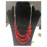 Collection of 4 Red Coral Beaded Necklaces and Silver-Tone Bracelet