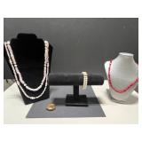 Vintage Jewelry Set: Coral Red Necklace, Double-Strand Bead Bracelet, and Brooch