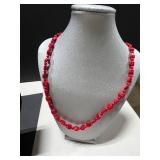 Vintage Jewelry Set: Coral Red Necklace, Double-Strand Bead Bracelet, and Brooch